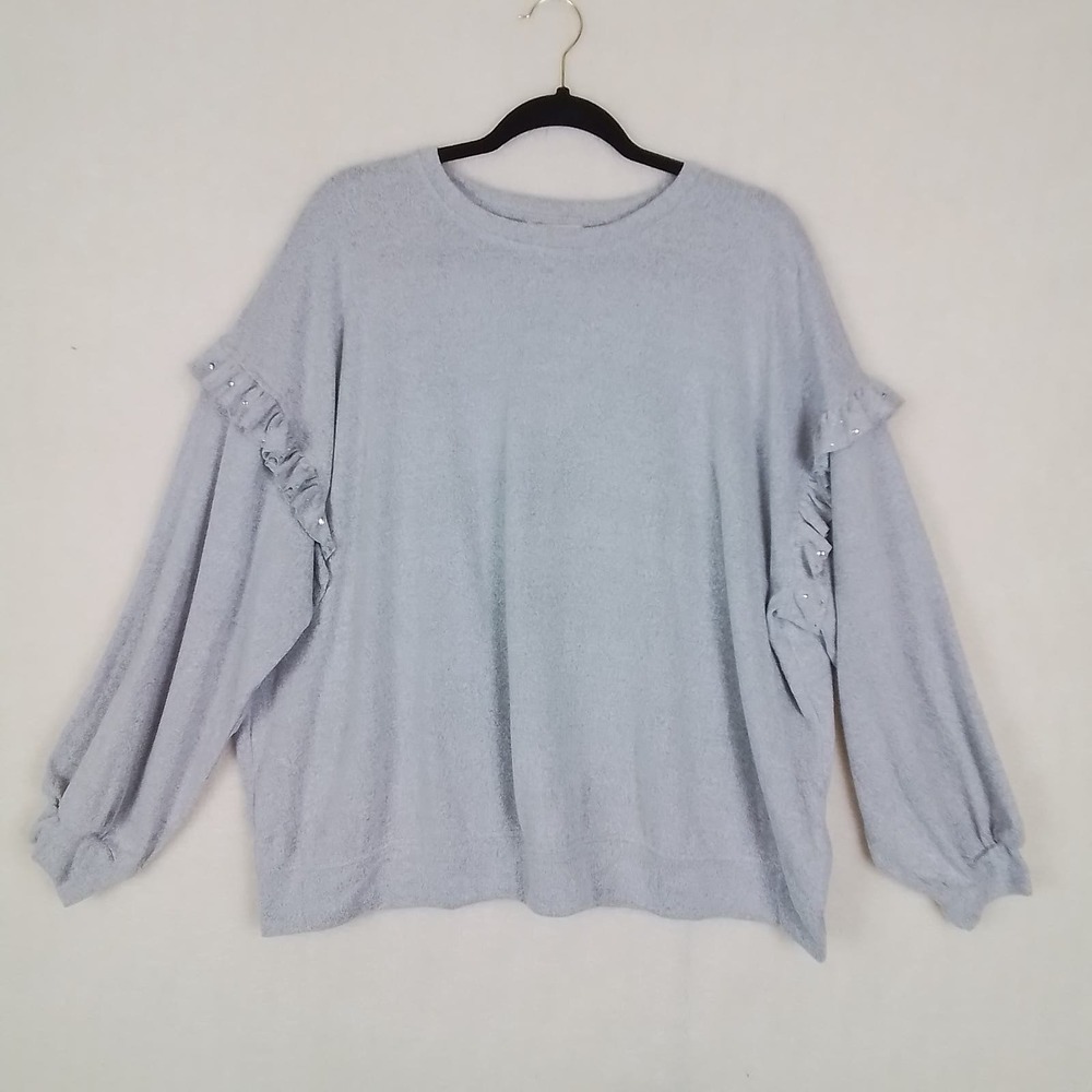 Como Blu Soft Oversized Knit‎ Top Sweater Size 2X Gray w/ Ruffle & Rhinestones